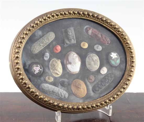 A collection of Italian Grand Tour lava, cameo and pietra dura roundels and plaques, 8.75in.